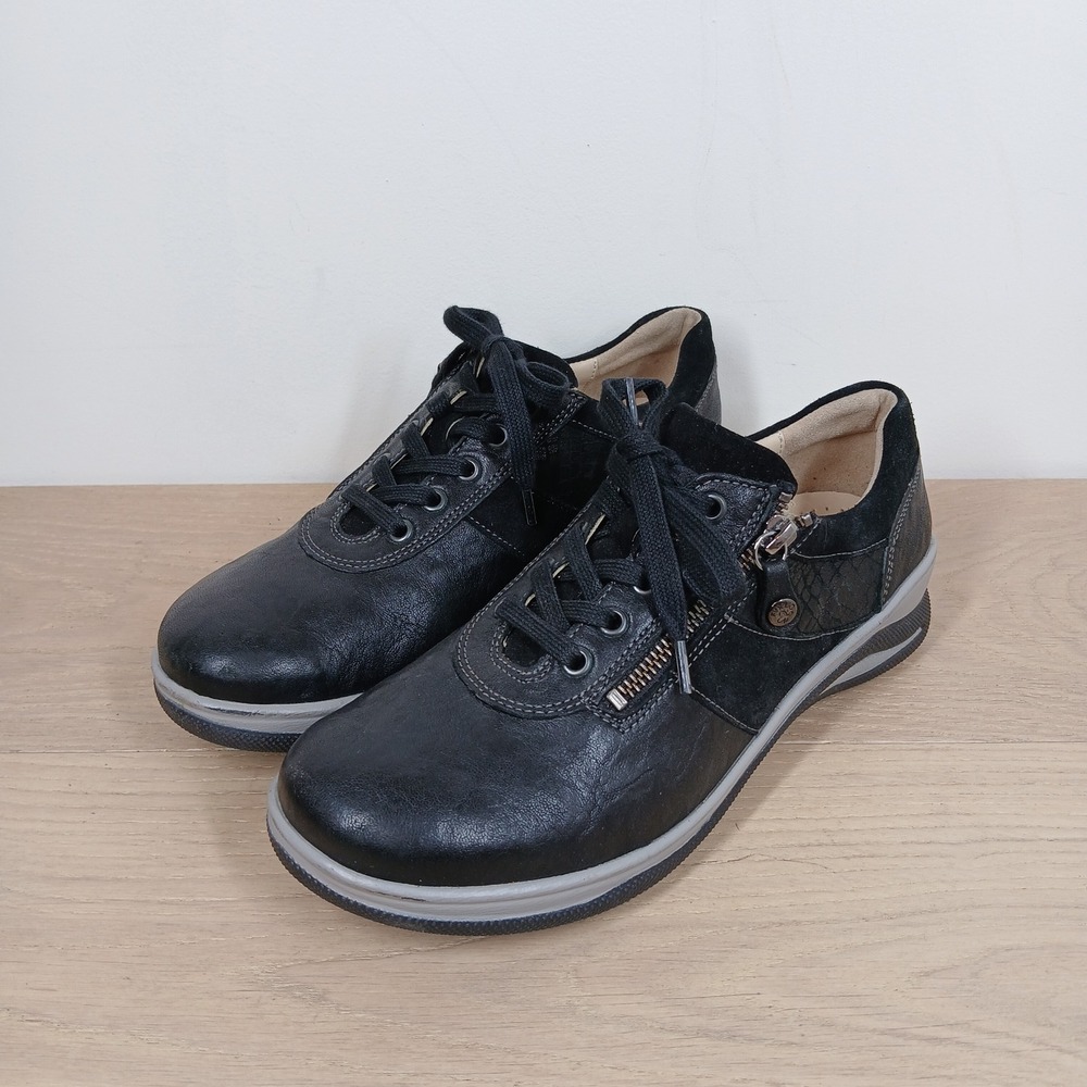 Fidelio Sneakers Women 7 Black Leather Suede Zip Lace Up Low Top Comfort Shoes